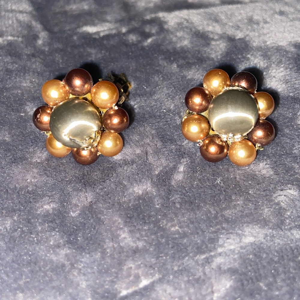 Vintage clip on earrings brown silver gold tones